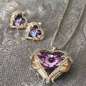 Angel Heart Crystal Necklace & Earrings Silver & Rose-Gold Tone Mermaid Purple
